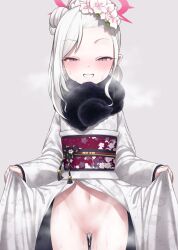 Rule 34 | 1girl, black scarf, blue archive, blush, botanoko, cowboy shot, flower, gluteal fold, grey background, grin, hair flower, hair ornament, half-closed eyes, halo, highres, japanese clothes, kimono, long hair, long sleeves, looking at viewer, mutsuki (blue archive), mutsuki (new year) (blue archive), obi, pink eyes, pink flower, pink halo, pointy ears, sash, scarf, simple background, smile, solo, white hair, white kimono, wide sleeves