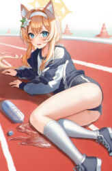 Rule 34 | 1girl, animal ear fluff, animal ears, ass, blue archive, blue eyes, blush, bottle, flower, gym shirt, gym shorts, gym uniform, hair flower, hair ornament, hairband, halo, headband, highres, jacket, kneehighs, long hair, long sleeves, looking at viewer, lying, mari (blue archive), mari (track) (blue archive), multicolored clothes, multicolored jacket, official alternate costume, on side, open mouth, orange hair, ponytail, shirt, shoes, shorts, sicle, sneakers, socks, solo, sweat, thighs, track jacket, two-tone jacket, water bottle, white flower, white hairband, white headband, white socks
