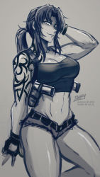 Rule 34 | 1girl, arm tattoo, artist name, black lagoon, breasts, commentary, cowboy shot, denim, denim shorts, english commentary, fingerless gloves, gloves, grey background, highres, holster, iahfy, looking at viewer, midriff, navel, patreon username, ponytail, revy (black lagoon), short shorts, shorts, shoulder tattoo, simple background, sketch, solo, tattoo, twitter username, watermark