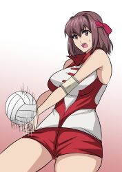 Rule 34 | 1girl, ball, bare shoulders, brown eyes, brown hair, cowboy shot, elbow pads, girls und panzer, headband, hifumi hajime, kondou taeko, medium hair, open mouth, own hands together, playing sports, shorts, solo, sportswear, volleyball, volleyball (object), volleyball uniform