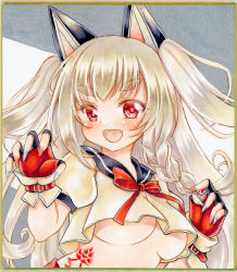 Rule 34 | 1girl, azur lane, blonde hair, blue nails, blush, braid, breasts, commentary request, crop top, fangs, fingerless gloves, gloves, graphite (medium), hair between eyes, highres, looking at viewer, marker (medium), medium breasts, nail polish, nekofish666, open mouth, red eyes, red nails, shirt, short sleeves, sidelocks, single braid, solo, tattoo, thick eyebrows, traditional media, two side up, underboob, white shirt, yuudachi (azur lane)