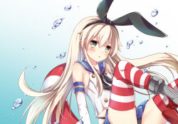 Rule 34 | 10s, 1girl, bad id, bad pixiv id, black eyes, black panties, blonde hair, bubble, elbow gloves, emilion, gloves, hair ribbon, innertube, kantai collection, long hair, looking at viewer, open mouth, panties, ribbon, shimakaze (kancolle), solo, striped clothes, striped thighhighs, swim ring, thighhighs, underwear