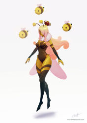 Rule 34 | 1girl, alternate costume, animal, antennae, bee, black skin, blonde hair, breasts, bug, colored skin, crown, full body, fur collar, hair over one eye, highres, insect, league of legends, long hair, looking at viewer, medium breasts, simple background, solo, syndra, thorsten erdt, white background, wings, yellow skin