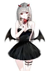 Rule 34 | 1girl, apple, bare shoulders, black dress, black wings, breasts, cleavage, closed mouth, dress, earrings, food, fruit, head tilt, holding, horns, jewelry, large breasts, low wings, naru (ul), original, red eyes, short dress, silver hair, simple background, solo, standing, thigh strap, white background, wings