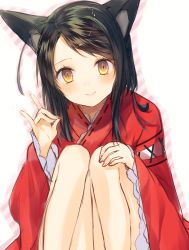 Rule 34 | 1girl, animal ears, black hair, brown eyes, copyright request, fox ears, fox shadow puppet, hand gesture, hand on own knee, io enishi, knees together feet apart, long sleeves, looking at viewer, ribbon trim, simple background, slit pupils, solo, white background