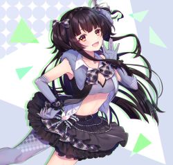 Rule 34 | 1girl, bare shoulders, belt, black hair, black skirt, blunt bangs, bow, breasts, brown eyes, cleavage, commentary request, cowboy shot, dress, dutch angle, elbow gloves, gloves, hair bow, idolmaster, idolmaster shiny colors, large breasts, long hair, looking at viewer, mayuzumi fuyuko, open mouth, pantyhose, plaid, single leg pantyhose, skirt, smile, solo, standing, triangle, two side up, usano