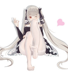 Rule 34 | 1girl, absurdres, azur lane, black dress, black nails, breasts, candypowd3r, cleavage, dress, formidable (azur lane), frilled dress, frills, full body, gothic lolita, hair ribbon, heart, highres, large breasts, lolita fashion, long hair, looking at viewer, nail polish, one eye closed, pantyhose, platinum blonde hair, red eyes, ribbon, simple background, solo, thighband pantyhose, twintails, two-tone dress, two-tone ribbon, very long hair, white background, white pantyhose