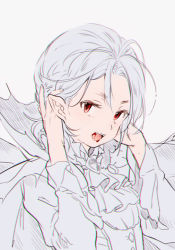 Rule 34 | albino, androgynous, blood, blood in mouth, cape, fangs, frills, gender request, grey hair, hands on own head, kaze-hime, long sleeves, looking at viewer, open mouth, original, pointy ears, shirt, short hair, sketch, solo, teeth, upper body, vampire, white shirt