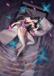 Rule 34 | 1girl, absurdres, bird, black hair, black lips, breasts, breasts apart, cleavage, earrings, flower, full body, hair ribbon, highres, huaniao juan, japanese clothes, jewelry, jiji (pixiv10646874), kimono, large breasts, lips, long hair, lying, makeup, obi, on side, onmyoji, parted lips, pelvic curtain, petals, ribbon, ripples, sash, scroll, short eyebrows, soaking feet, solo, thighhighs, thighs, very long hair, water, white thighhighs
