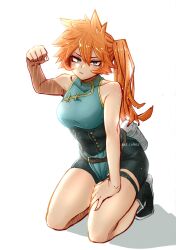 Rule 34 | 1girl, artist name, blue eyes, boku no hero academia, breasts, china dress, chinese clothes, clenched hand, collarbone, colorized, dress, freckles, hand on lap, highres, horikoshi kouhei, kat colors, kendou itsuka, kneeling, large breasts, long hair, looking at viewer, orange hair, ponytail, pout, side ponytail, simple background, thighs, third-party edit, white background