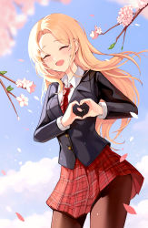 Rule 34 | 1girl, absurdres, blonde hair, blush, breasts, brown pantyhose, cherry blossoms, closed eyes, formal, heart, heart hands, highres, long hair, looking at viewer, necktie, original, pant suit, pants, pantyhose, plaid, plaid skirt, pleated skirt, red necktie, skirt, smile, solo, suit, zipgaemi