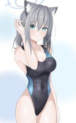 Rule 34 | 1girl, animal ear fluff, animal ears, black one-piece swimsuit, blue archive, blue eyes, breasts, cleavage, competition swimsuit, covered navel, cowboy shot, cross hair ornament, extra ears, grey hair, hair ornament, halo, highres, kote (kote arcive), looking at viewer, low ponytail, medium breasts, medium hair, mismatched pupils, multicolored clothes, multicolored swimsuit, one-piece swimsuit, shiroko (blue archive), shiroko (swimsuit) (blue archive), solo, swimsuit, wet, wet clothes, wet swimsuit, wolf ears