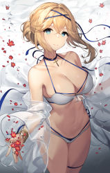 Rule 34 | 1girl, air bubble, azur lane, bare shoulders, bikini, blonde hair, blue choker, blue eyes, blue ribbon, blush, bracelet, breasts, bubble, choker, cleavage, closed mouth, collarbone, commentary request, cross, cross choker, flower, hair bun, highres, jeanne d&#039;arc (azur lane), jeanne d&#039;arc (saintess of the sea) (azur lane), jewelry, large breasts, long sleeves, looking at viewer, multi-strapped bikini, navel, off shoulder, official alternate costume, open clothes, petals, red flower, ribbon, see-through, sidelocks, single hair bun, smile, solo, sora 72-iro, stomach, submerged, swimsuit, thigh strap, thighs, underwater, white bikini, wide sleeves