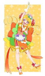 Rule 34 | 1girl, ankle bow, ankle ribbon, apron, blonde hair, bow, brooch, bun cover, cacao (99chocolove99), cure yum-yum, delicious party precure, full body, gloves, hair bun, hanamichi ran, heart, heart brooch, huge bow, jewelry, leg ribbon, magical girl, orange bow, orange footwear, precure, red eyes, ribbon, solo, triple bun, white gloves, white stripes