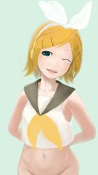 Rule 34 | 1girl, bad id, bad pixiv id, blonde hair, bottomless, bow, face, green eyes, groin, hair bow, hair ornament, hairclip, kagamine rin, navel, ocaca (chocolate-hopper), one eye closed, out-of-frame censoring, short hair, solo, vocaloid, wink