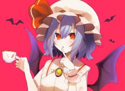 Rule 34 | bat (animal), bat wings, blue hair, blush, brooch, commentary request, cup, eyebrows hidden by hair, hands up, hat, highres, holding, holding cup, ikasoba, index finger raised, jewelry, mob cap, open mouth, pink background, pink hat, pink shirt, red eyes, red ribbon, remilia scarlet, ribbon, shirt, short hair, short sleeves, simple background, single wrist cuff, solo, teacup, touhou, upper body, wings, wrist cuffs
