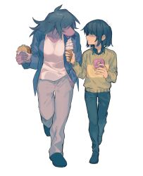 Rule 34 | 1girl, 1other, :t, ahoge, androgynous, apple mii46, black footwear, black hair, black pants, blue jacket, burger, collarbone, colored skin, commentary, covered eyes, deltarune, doughnut, eating, facing another, food, full body, furry, furry female, green sweater, grey pants, hair over eyes, hand in pocket, highres, holding, holding burger, holding food, holding ice cream, ice cream, ice cream cone, jacket, kris (deltarune), licking, loafers, long sleeves, medium hair, open clothes, open jacket, pants, pink skin, shaded face, sharing food, shirt, shoes, short hair, simple background, snout, susie (deltarune), sweater, tongue, tongue out, walking, white background, white shirt