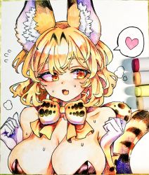 Rule 34 | 1girl, alternate costume, animal ears, bare shoulders, bow, bowtie, breasts, cleavage, collarbone, elbow gloves, fang, gloves, heart, kemono friends, kittysuit, large breasts, leotard, looking away, marker (medium), nontraditional playboy bunny, open mouth, orange bow, orange bowtie, orange eyes, orange hair, playboy bunny, serval (kemono friends), short hair, skin fang, solo, speech bubble, spoken heart, tail, traditional media, tsukeo, white gloves