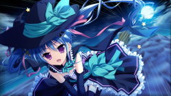 Rule 34 | 1girl, blue hair, cloud, elbow gloves, game cg, gloves, hair ornament, hat, long hair, luluna, magical marriage lunatics!!, moon, moonstone, night, open mouth, purple eyes, thighhighs, twintails, witch hat, yamakaze ran