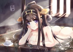 Rule 34 | 10s, 1girl, absurdres, ahoge, arched back, bathing, blush, breasts, brown hair, cup, double bun, headgear, highres, indoors, kantai collection, kongou (kancolle), large breasts, long hair, looking at viewer, nude, purple eyes, smile, solo, soramuko, teacup, water, window