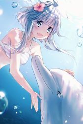 Rule 34 | 1girl, :d, absurdres, ahoge, air bubble, animal, bare arms, bare shoulders, bikini, blue eyes, blush, bubble, collarbone, commentary request, day, dolphin, flower, hair between eyes, hair flower, hair ornament, highres, long hair, looking at viewer, open mouth, original, outdoors, pink flower, revision, silver hair, smile, solo, soranagi yuki, striped bikini, striped clothes, swimsuit, underwater, upper body, water