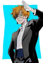 Rule 34 | 1boy, arm up, bad id, bad pixiv id, black jacket, black pants, bow, brown hair, d.gray-man, dress shirt, earrings, eyepatch, formal, gloves, green eyes, hand on own hip, jacket, jewelry, lavi, looking at viewer, male focus, pants, shirt, sketch, solo, suit jacket, white bow, white gloves, white neckwear, white shirt