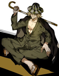 Rule 34 | 1boy, absurdres, bleach, blonde hair, bucket hat, cane, collarbone, dutch angle, geta, green eyes, green pants, green shirt, hair between eyes, hand on own knee, hat, highres, indian style, jacket, jacket on shoulders, japanese clothes, kimono, long sleeves, looking at viewer, male focus, over shoulder, pants, pectoral cleavage, pectorals, sandals, shirt, sitting, smile, solo, striped clothes, striped headwear, urahara kisuke, weapon, weapon over shoulder, xi luo an ya