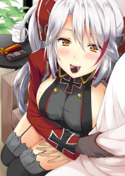 Rule 34 | 1boy, 1girl, :d, azur lane, black thighhighs, box, breasts, brown eyes, candy, chika (toumei kousoku), chocolate, chocolate heart, commander (azur lane), commentary request, cross, food, from above, garter straps, gift, gift box, hair ornament, heart, hetero, highres, holding hands, iron cross, large breasts, long hair, looking at viewer, looking up, military, military uniform, mole, mole on breast, multicolored hair, naval uniform, open mouth, out of frame, pov, prinz eugen (azur lane), revision, sideboob, silver hair, smile, solo focus, thighhighs, tongue, tongue out, two-tone hair, two side up, uniform, valentine