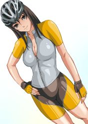 Rule 34 | 1girl, bicycle helmet, bike jersey, bike shorts, breasts, brown eyes, brown hair, cleavage, contrapposto, dutch angle, fingerless gloves, gloves, hand on own hip, helmet, long hair, original, skin tight, smile, solo, standing, sweat, taut clothes, tight clothes, tomoshiki