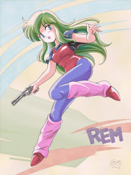 Rule 34 | 10s, 1980s (style), 1girl, 2011, ayanokouji rem, bad id, bad pixiv id, blue eyes, boots, character name, dated, dream hunter rem, green hair, gun, handgun, leg warmers, leotard, long hair, oldschool, open mouth, pantyhose, pink footwear, retro artstyle, revolver, shirt, solo, tamanegiinyo, taut clothes, taut shirt, weapon