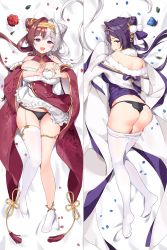 Rule 34 | 2girls, alternate breast size, apron, ass, asymmetrical legwear, azur lane, bare shoulders, black panties, blue eyes, blue flower, breasts, brown hair, chao ho (azur lane), chinese clothes, cleavage cutout, clothes pull, clothing cutout, dakimakura (medium), dress, flower, frilled apron, frills, garter straps, gold trim, hair horns, heart-shaped boob challenge, hey chony, highres, huge breasts, multicolored hair, multiple girls, open mouth, panties, pantyhose, pantyhose pull, purple eyes, purple hair, red dress, red flower, single sock, single thighhigh, skindentation, socks, thigh gap, thighhighs, two-tone hair, underwear, waist apron, white apron, white hair, white legwear, ying swei (azur lane)