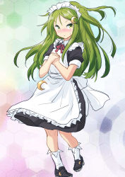 Rule 34 | 1girl, alternate costume, apron, black dress, black footwear, commentary request, crescent, crescent hair ornament, crescent pin, dress, enmaided, frilled apron, frills, fuji (pixiv24804665), full body, green eyes, green hair, hair ornament, hands on own chest, highres, kantai collection, long hair, maid, maid headdress, mary janes, nagatsuki (kancolle), shoes, solo, white apron, white legwear