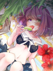 Rule 34 | bikini, bow, flower, food, green eyes, hair ornament, highres, himemori luna, himemori luna (sundress), hololive, looking at viewer, lying, meru corone, multicolored eyes, on back, pink eyes, pink hair, popsicle, solo, stomach, swimsuit, virtual youtuber