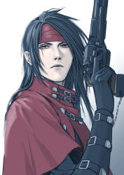 Rule 34 | 1boy, arm strap, black gloves, black hair, black shirt, cloak, final fantasy, final fantasy vii, finger on trigger, gloves, gun, handgun, headband, highres, holding, holding gun, holding weapon, long hair, long sleeves, looking at viewer, male focus, pale skin, parted bangs, portrait, red cloak, red eyes, red headband, sd supa, shirt, solo, upper body, vincent valentine, weapon, white background