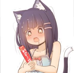 Rule 34 | + +, 1girl, animal ear fluff, animal ears, bare arms, bare shoulders, black hair, blue dress, blush, brown eyes, cat ears, cat girl, cat tail, chinchin kemokemo, collarbone, dress, drooling, fujisaki yuu, hair ornament, hairclip, holding, long hair, mouth drool, narugami yuzuriha, nose blush, open mouth, pet food, sleeveless, sleeveless dress, solo, tail, tail raised, translation request, trembling, v-shaped eyebrows, white background