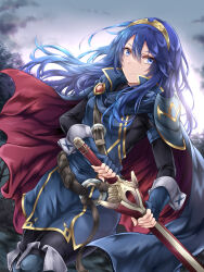 Rule 34 | 1girl, black sweater, blue cape, blue eyes, blue gloves, blue hair, cape, closed mouth, commentary, falchion (fire emblem), fingerless gloves, fire emblem, fire emblem awakening, gloves, hair between eyes, highres, holding, holding sword, holding weapon, kei (asufend), long hair, long sleeves, looking at viewer, lucina (fire emblem), nintendo, red cape, ribbed sweater, smile, solo, sweater, sword, tiara, turtleneck, turtleneck sweater, two-tone cape, weapon