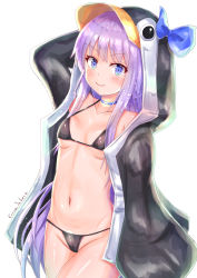 Rule 34 | 1girl, animal costume, animal hood, arm up, artist name, bikini, black bikini, blue bow, blue eyes, bow, breasts, choker, closed mouth, cocoasabure, collarbone, cowboy shot, fate/grand order, fate (series), groin, highres, hood, long hair, long sleeves, looking at viewer, meltryllis, meltryllis (fate), meltryllis (swimsuit lancer) (fate), meltryllis (swimsuit lancer) (first ascension) (fate), navel, penguin costume, purple hair, simple background, small breasts, smile, solo, swimsuit, very long hair, white background