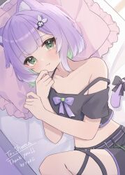 Rule 34 | 1girl, :3, absurdres, animal ears, belt, black shirt, black shorts, cat ears, cat girl, cat tail, colored inner hair, commission, crop top, cropped shirt, green eyes, green hair, highres, indie virtual youtuber, looking at viewer, lying, multicolored hair, on side, pillow, roku 6, second-party source, shirt, short hair, shorts, shwaa, skeb commission, smile, strap slip, tail, two-tone hair, virtual youtuber