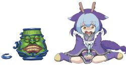 Rule 34 | 1girl, apron, blue hair, crying, crying with eyes open, damaged, dragon girl, dragon horns, duel monster, full body, fumio (fumifumi), hair ears, horns, laundry dragonmaid, looking at viewer, maid, on floor, orange eyes, pot of greed, sitting, tears, wa maid, white background, yu-gi-oh!, yu-gi-oh! master duel
