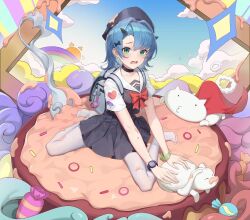 Rule 34 | 1girl, animal, bag behind back, black choker, black headwear, black horns, black skirt, blue hair, blue sky, blush, bow, choker, commentary, green eyes, grey bag, highres, horns, looking at viewer, medium hair, no shoes, on food, open mouth, original, pantyhose, pleated skirt, red bow, sailor collar, short sleeves, sitting, skirt, sky, solo, tutuxia, wariza, watch, white pantyhose, wristband, wristwatch