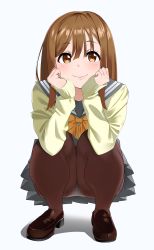 Rule 34 | 1girl, absurdres, arm support, blush, bow, bowtie, brown footwear, brown hair, brown pantyhose, closed mouth, dot nose, full body, grey sailor collar, head rest, highres, igarashi kyouhei, kunikida hanamaru, loafers, long hair, long sleeves, looking at viewer, love live!, love live! sunshine!!, orange bow, orange bowtie, panties, pantyhose, pantyshot, sailor collar, school uniform, shoes, simple background, smile, solo, squatting, underwear, uranohoshi school uniform, white background, white panties, yellow background