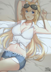 Rule 34 | 1girl, aemu (august life), animal ears, blonde hair, blue eyes, breasts, cleavage, commission, denim, denim shorts, girls&#039; frontline, goggles, goggles on head, large breasts, long hair, m500 (girls&#039; frontline), on bed, shirt, short shorts, shorts, signature, smile, tied shirt, twitter username, very long hair