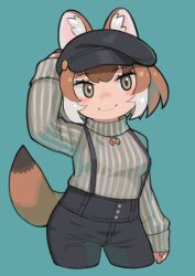 Rule 34 | 1girl, animal ears, black hat, brown eyes, brown hair, cropped legs, dhole (kemono friends), extra ears, green background, hat, highres, jewelry, kemono friends, looking at viewer, multicolored hair, necklace, pants, rinx, shirt, short hair, simple background, solo, striped clothes, striped shirt, suspenders, tail, two-tone hair, vertical-striped clothes, vertical-striped shirt, white hair, wolf ears, wolf girl, wolf tail
