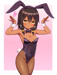Rule 34 | 1girl, animal ears, black hair, black leotard, black pantyhose, bow, bowtie, breasts, brown eyes, cameltoe, commentary request, covered navel, cowboy shot, dark-skinned female, dark skin, detached collar, eighth note, gradient background, highres, leotard, looking at viewer, medium hair, musical note, nasuna (yakinasu87), original, pantyhose, pink background, playboy bunny, rabbit ears, rabbit pose, rabbit tail, small breasts, smile, solo, standing, strapless, strapless leotard, tail, wrist cuffs, yakinasu87