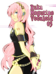 Rule 34 | 1girl, armband, arms behind back, bare shoulders, belt, black skirt, blue eyes, breasts, character name, female focus, fork, hair between eyes, headphones, holding, intel (artist), long hair, looking at viewer, looking back, medium breasts, megurine luka, multiple belts, parted lips, pink hair, serious, side slit, skirt, sleeveless, sleeveless turtleneck, solo, tattoo, turtleneck, vocaloid, white background