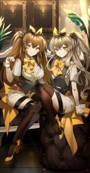 Rule 34 | 2girls, absurdres, black pantyhose, black thighhighs, black vest, bow, bowtie, breasts, brown eyes, brown hair, closed mouth, couch, crossed legs, girls&#039; frontline, hair bow, high heels, highres, light brown hair, long hair, looking at viewer, medium breasts, moko (moko/moko), multiple girls, official alternate costume, pantyhose, rabbit, scar, scar across eye, scar on face, shirt, shorts, sitting, small breasts, smile, thighhighs, twintails, ump45 (girls&#039; frontline), ump45 (the wish-making sorceress of fireworks) (girls&#039; frontline), ump9 (girls&#039; frontline), ump9 (the wish-granting sorceress of fireworks) (girls&#039; frontline), vest, white shirt, white shorts, yellow bow, yellow footwear