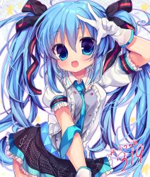 Rule 34 | 1girl, 39, :3, absurdres, blue eyes, blue hair, blush, fang, gloves, hair ribbon, hatsune miku, highres, long hair, looking at viewer, nakiyu, necktie, open mouth, ribbon, sidelocks, skirt, solo, twintails, v, very long hair, vocaloid, white gloves