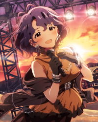Rule 34 | 10s, 1girl, :d, black gloves, blue hair, blush, bracelet, earrings, gloves, hand on own chest, idolmaster, idolmaster million live!, jewelry, looking at viewer, microphone, million live card, official art, open mouth, sleeveless, sleeveless turtleneck, smile, solo, stage lights, sunset, toyokawa fuka, turtleneck