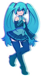 Rule 34 | 1girl, aqua eyes, aqua hair, bare shoulders, black thighhighs, blush stickers, boots, detached sleeves, hatsune miku, highres, long hair, maniacpaint, miniskirt, necktie, pleated skirt, skirt, smile, solo, thigh boots, thighhighs, twintails, vocaloid, zettai ryouiki