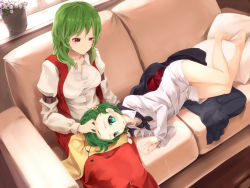 Rule 34 | 2girls, antennae, aqua eyes, asutora, barefoot, bottomless, breasts, cape, couch, flower, green hair, hair ornament, hairclip, highres, juliet sleeves, kazami yuuka, lap pillow, large breasts, long sleeves, lying, lying on lap, multiple girls, naked shirt, no pants, on side, open clothes, open vest, panties, plant, potted plant, puffy sleeves, red eyes, shirt, sitting, skirt, smile, striped clothes, striped panties, sunflower, touhou, underwear, vest, wriggle nightbug